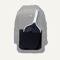 Tennis racket in a black front pocket of a gray backpack.